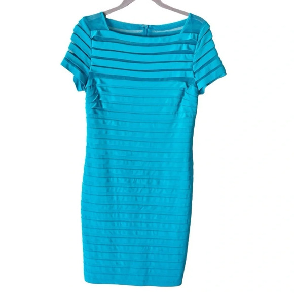 ADRIANNA Papell Stretchy Ribbed Square Neck Sheath Dress in Turquoise 10 - Picture 1 of 9